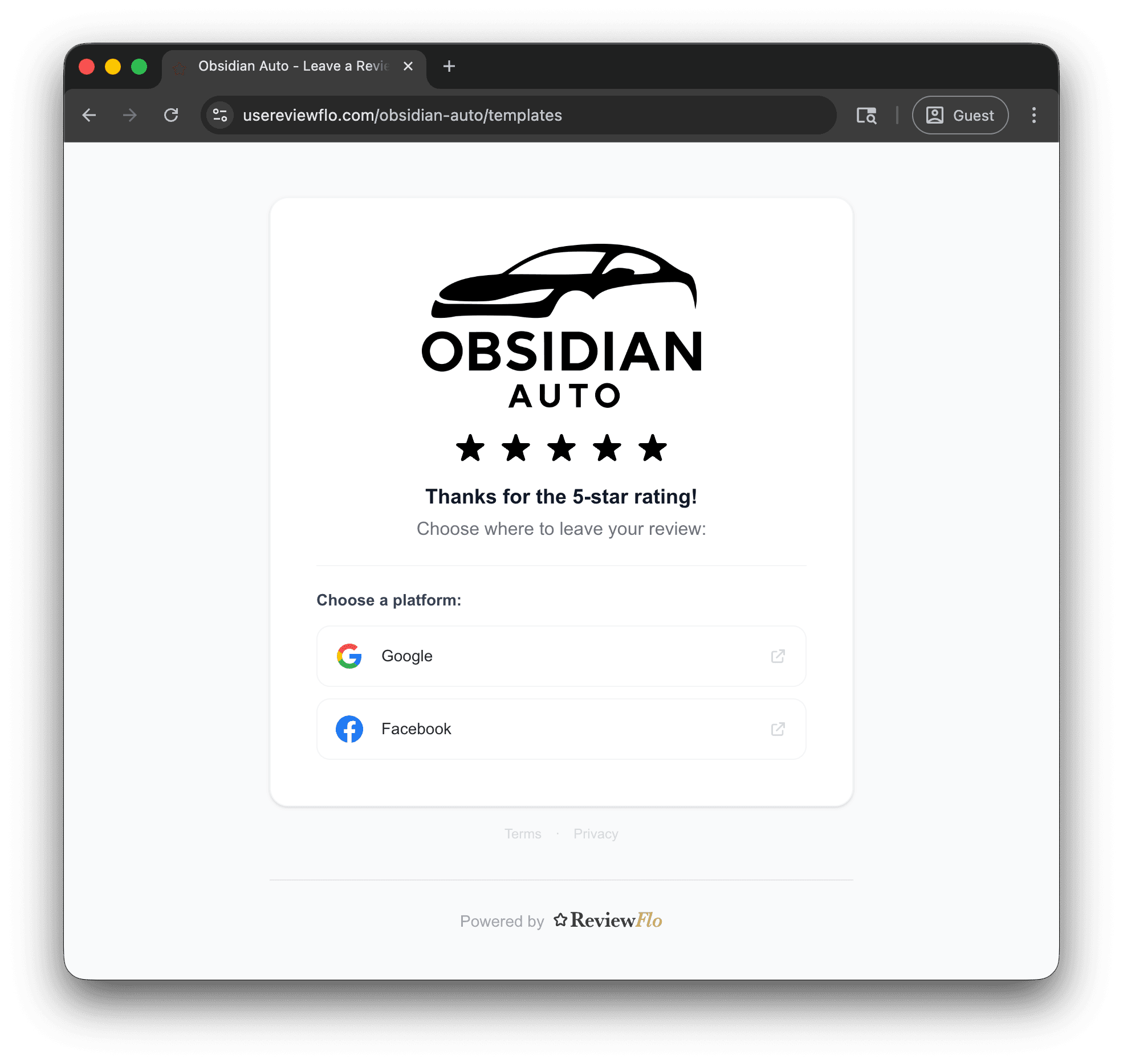Five-star rating confirmation—choose where to leave a review