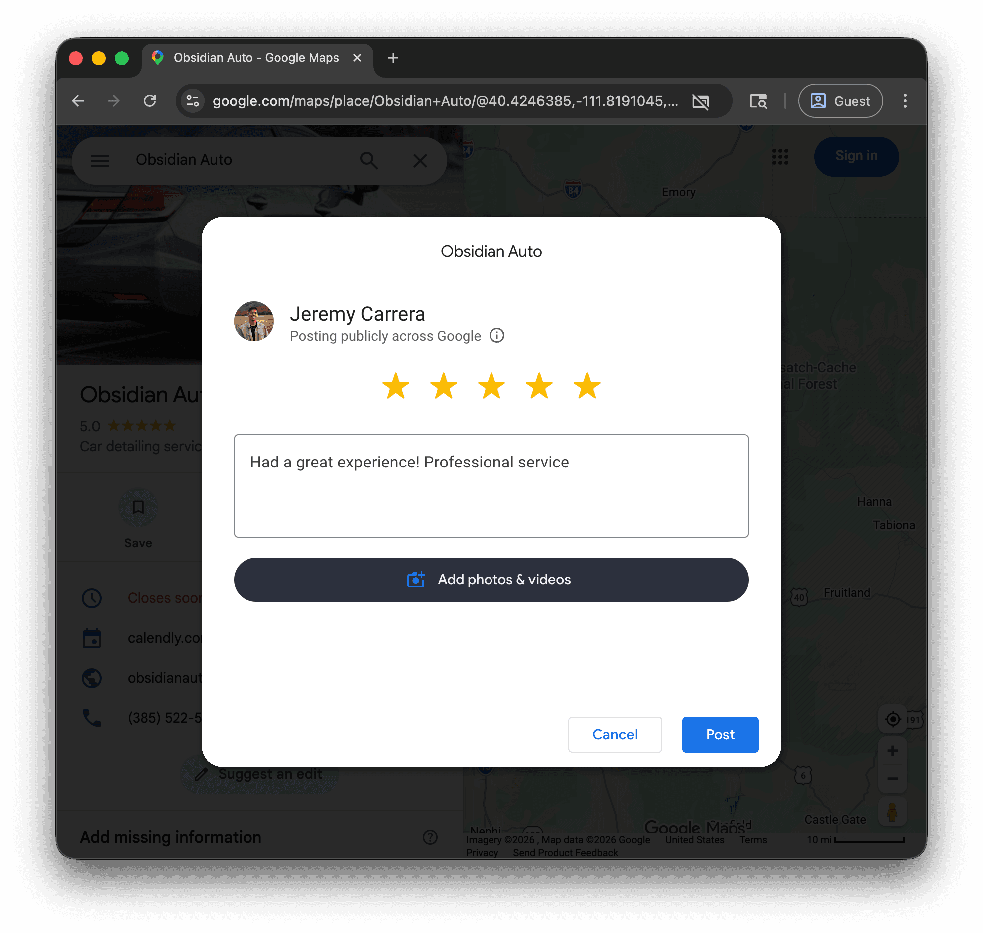 Google Maps review screen—customer posts a public review